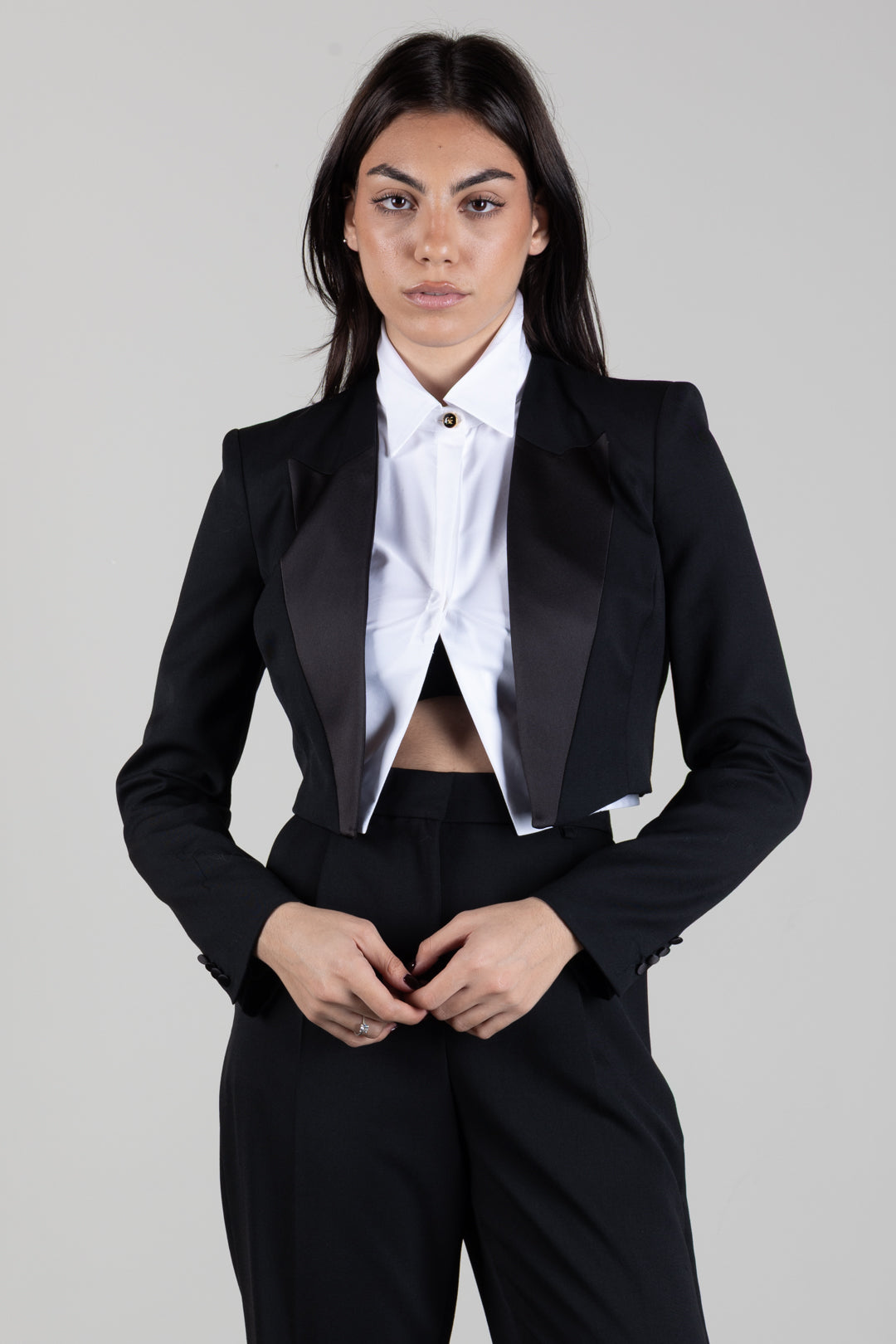 Elisabetta Franchi Giacca Cropped Effetto Smoking con Camicia TF00166E2 NERO/BIANCO