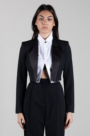 Elisabetta Franchi Giacca Cropped Effetto Smoking con Camicia TF00166E2 NERO/BIANCO