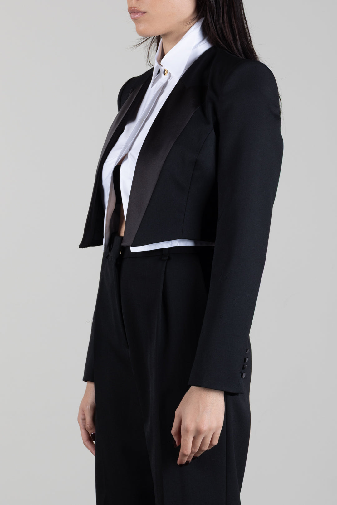 Elisabetta Franchi Giacca Cropped Effetto Smoking con Camicia TF00166E2 NERO/BIANCO