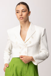 Elisabetta Franchi Giacca Cropped In Gabardina con Rever a Lancia GI22361E2 AVORIO