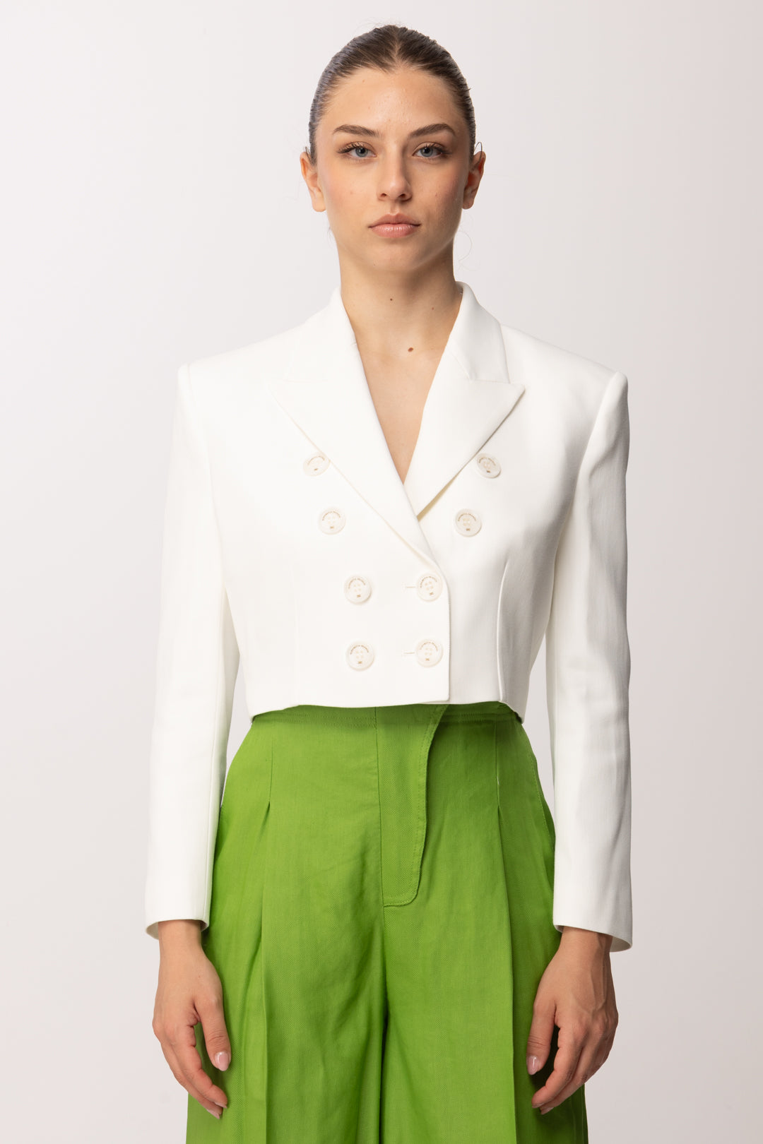 Elisabetta Franchi Giacca Cropped In Gabardina con Rever a Lancia GI22361E2 AVORIO