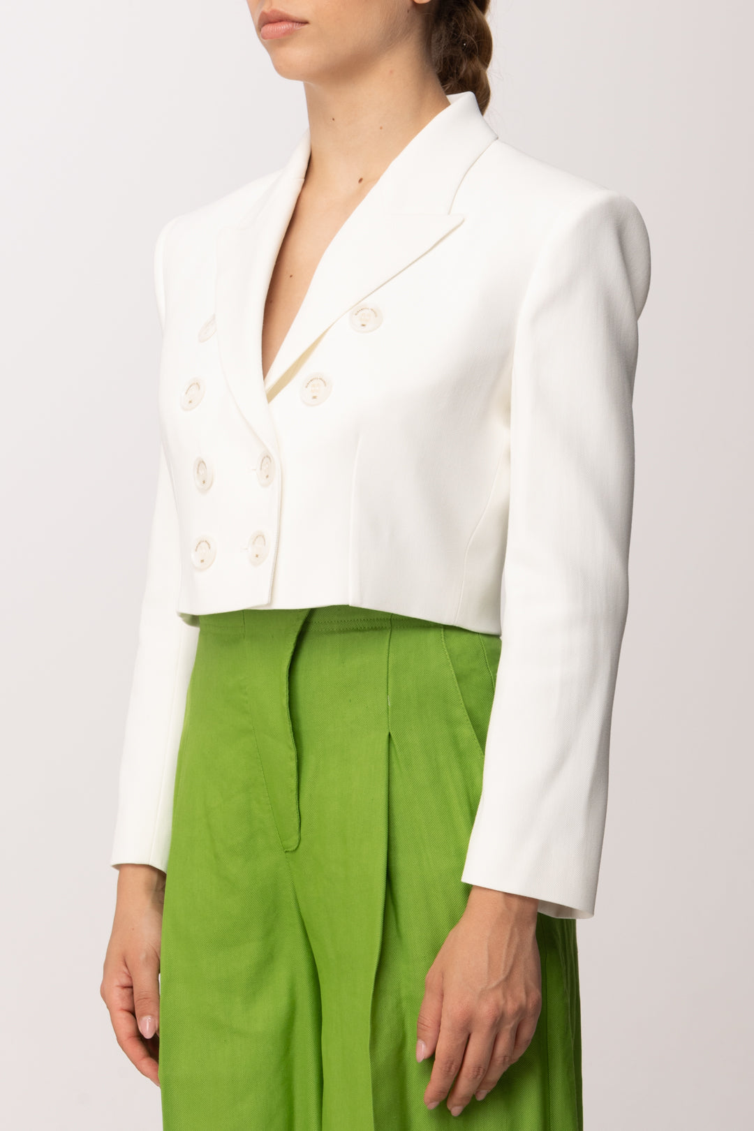 Elisabetta Franchi Giacca Cropped In Gabardina con Rever a Lancia GI22361E2 AVORIO