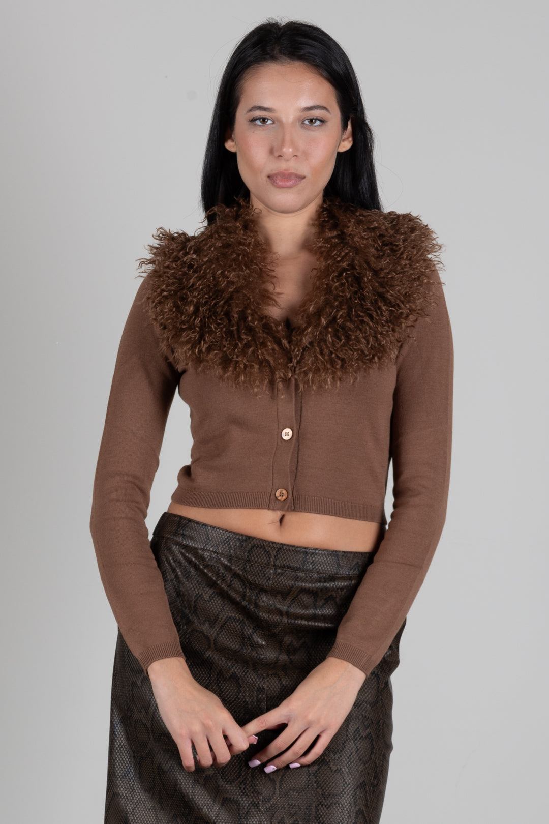 Twin-set Giacca Cropped In Maglia con Collo In Faux Fur 262TT3260 NUT