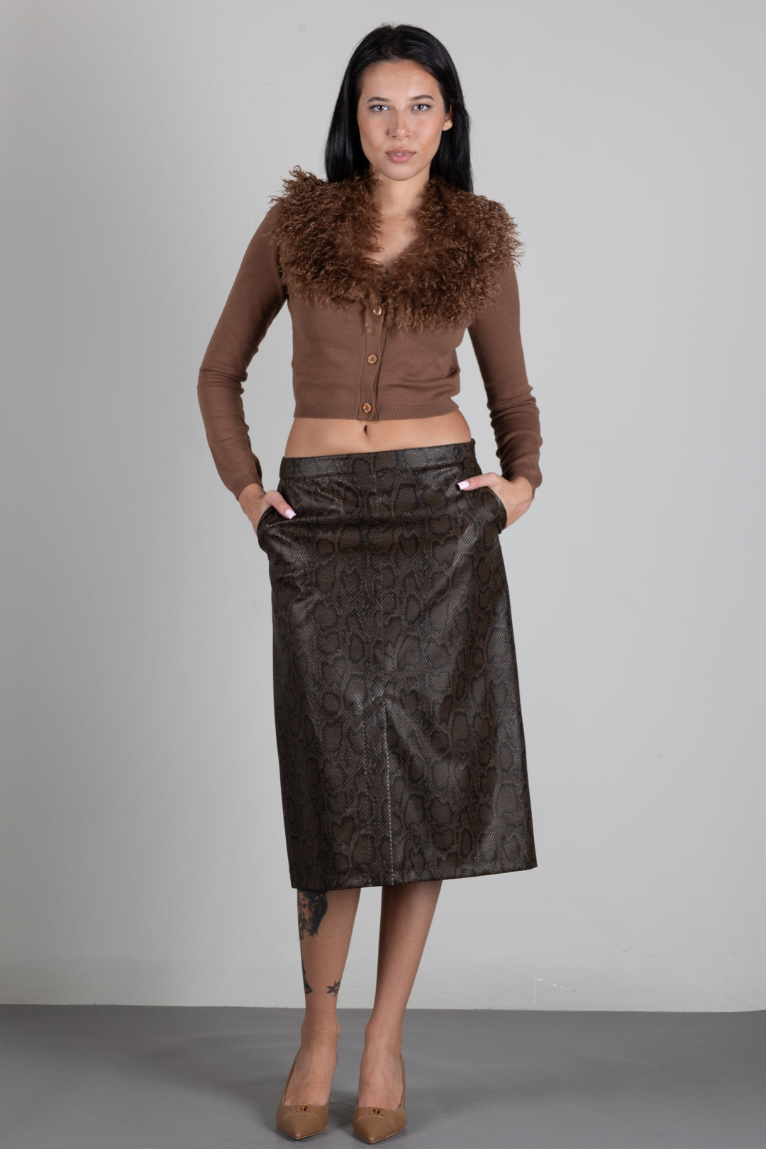 Twin-set Giacca Cropped In Maglia con Collo In Faux Fur 262TT3260 NUT