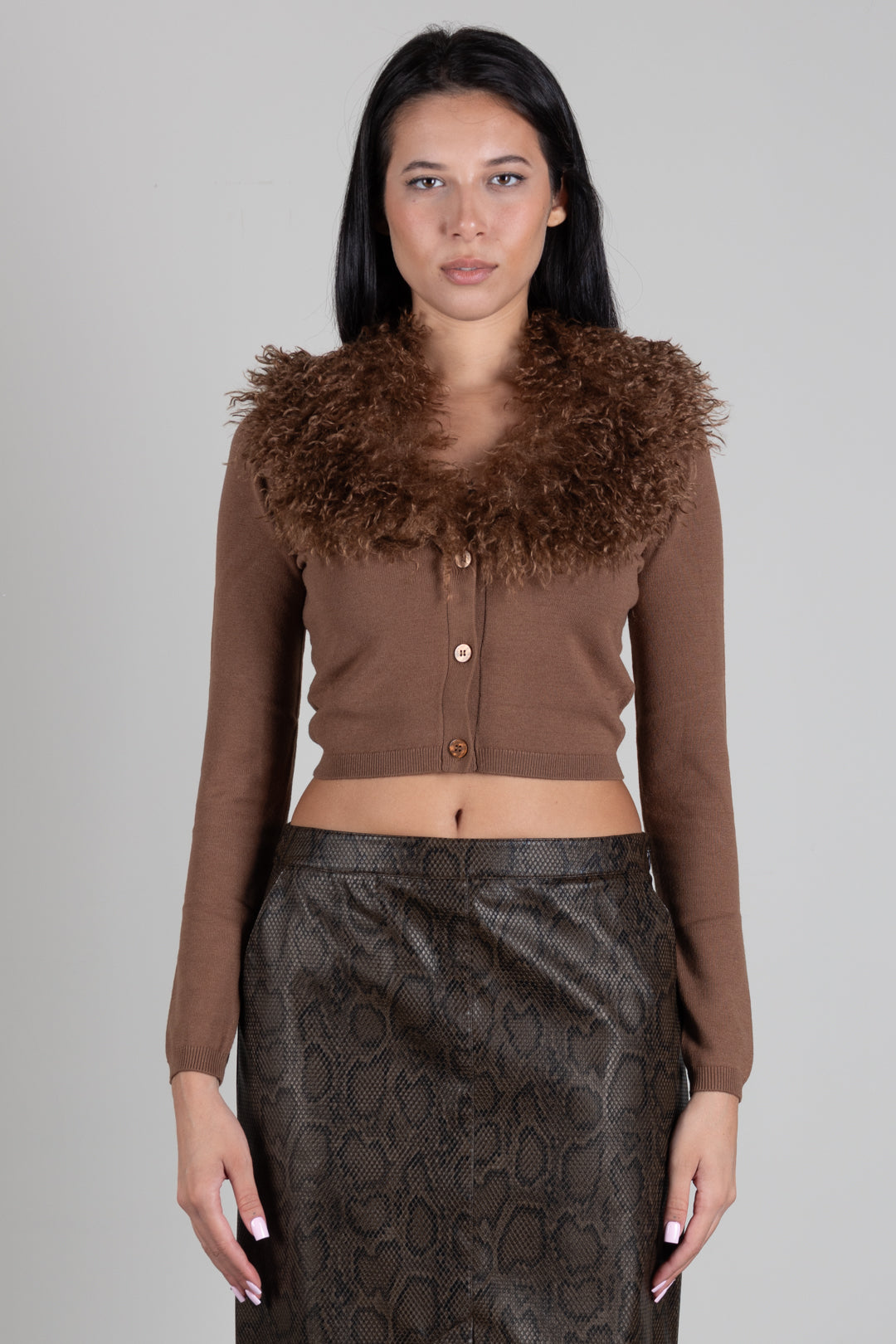 Twin-set Giacca Cropped In Maglia con Collo In Faux Fur 262TT3260 NUT