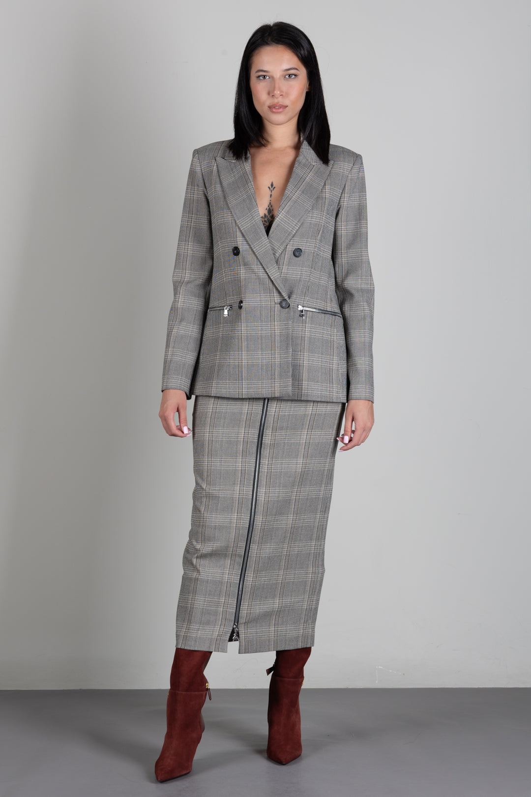 Patrizia Pepe Giacca Doppiopetto a Quadri Regular Fit 8S0089 C8003 BROWN CHECK