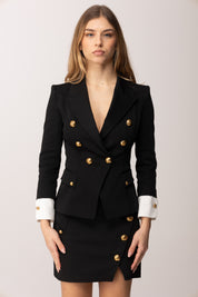 Elisabetta Franchi Giacca Doppiopetto con Bottoni Dorati e Polsini a Contrasto GI21361E2 NERO