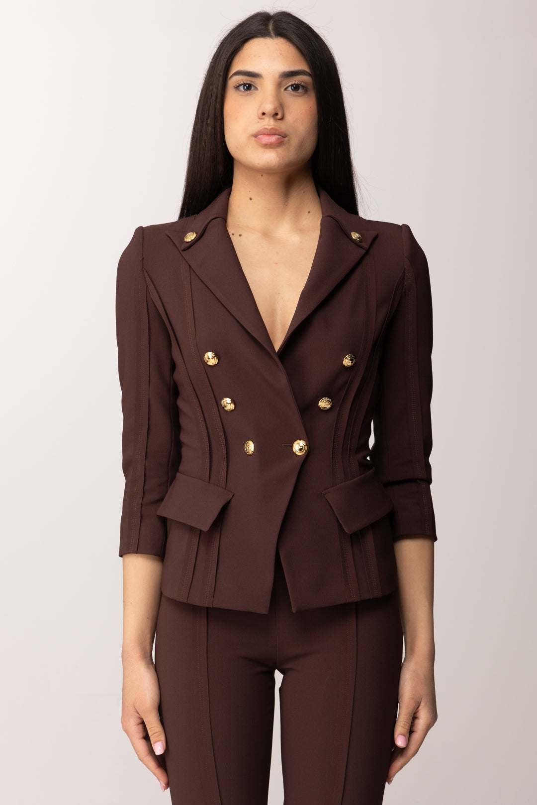 Elisabetta Franchi Giacca Doppiopetto con Motivi a Taglio Vivo GI21861E2 CACAO