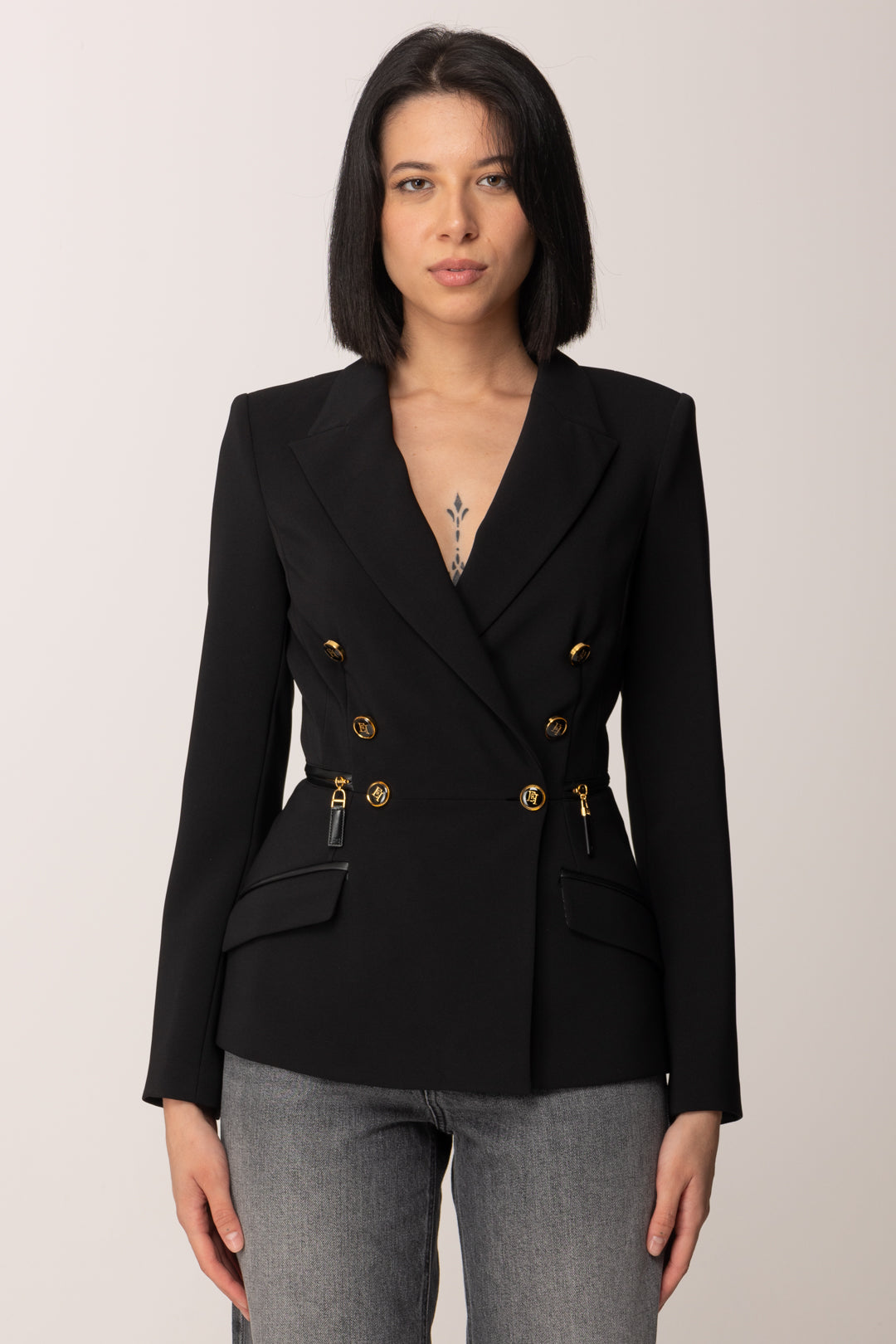 Elisabetta Franchi Giacca Doppiopetto con Zip Ai Fianchi GI17256E2 NERO