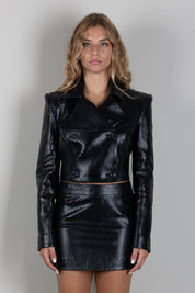Elisabetta Franchi Giacca Doppiopetto Crop In Pelle con Trama a Squame GD08G67E2 NERO
