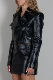 Elisabetta Franchi Giacca Doppiopetto Crop In Pelle con Trama a Squame GD08G67E2 NERO