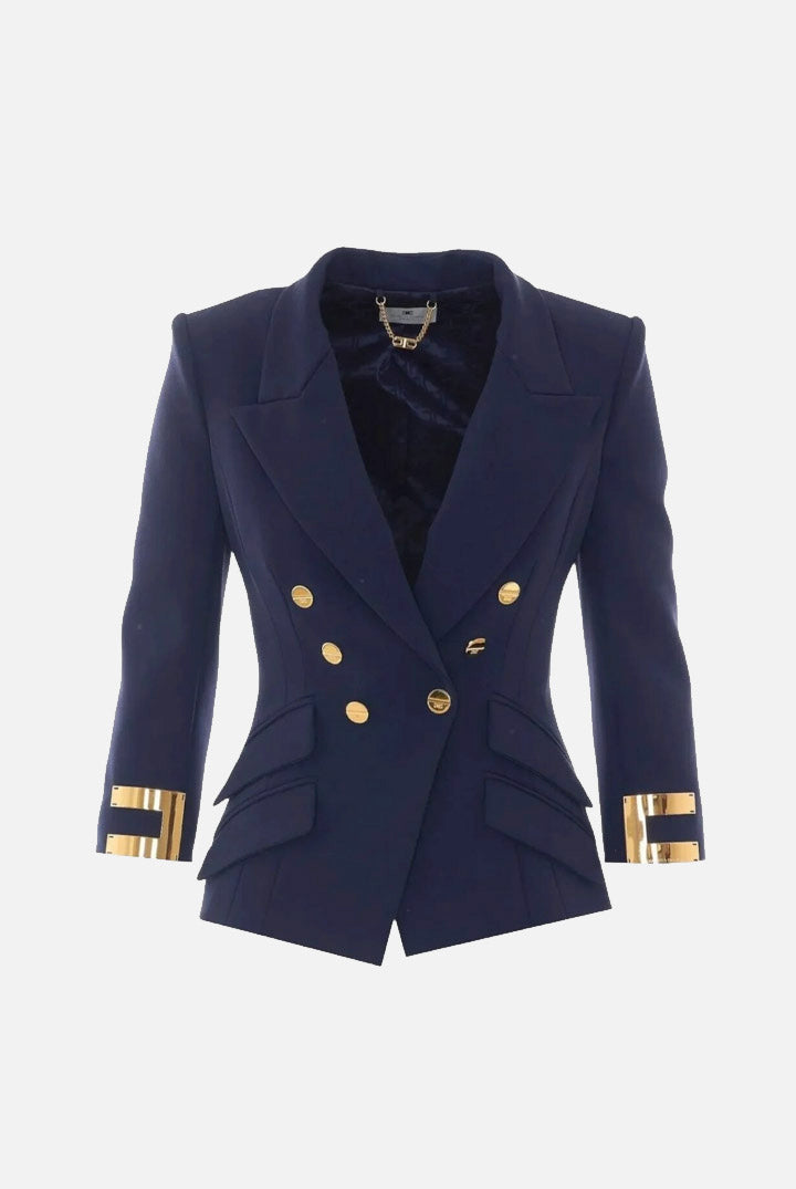Elisabetta Franchi Giacca Doppiopetto In Doppio Crêpe Stretch con Bottoni e Logo Gioiello GI26866E2 BLU NOTTE