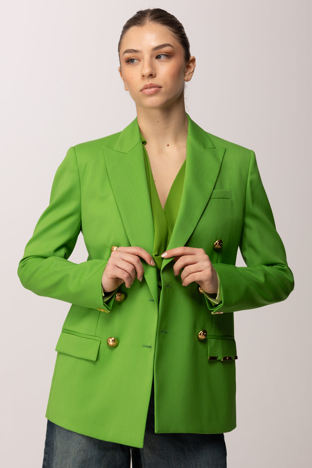 Elisabetta Franchi Giacca Doppiopetto In Fresco Lana con Placca Gioiello GI22061E2 ALOE