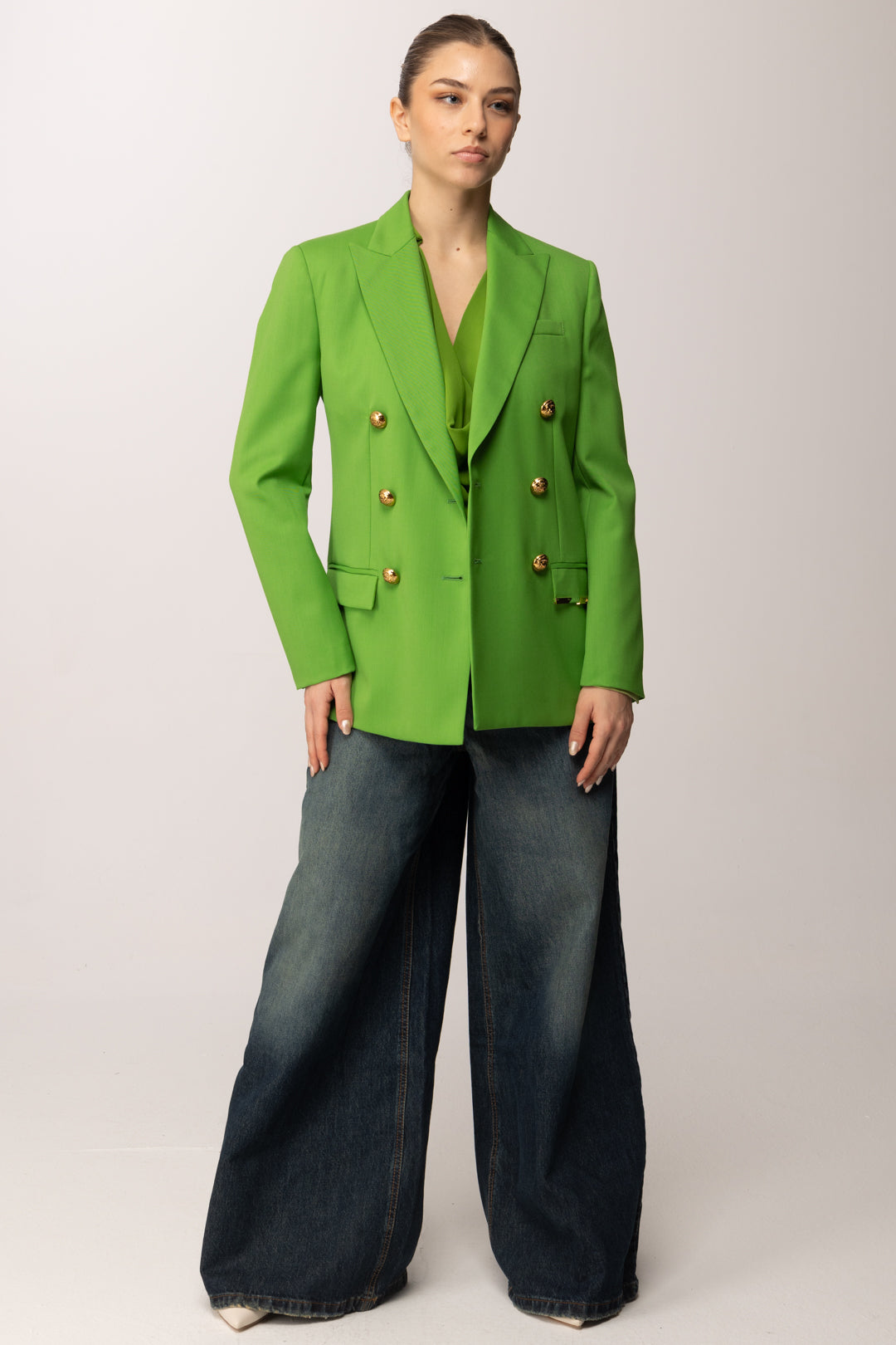 Elisabetta Franchi Giacca Doppiopetto In Fresco Lana con Placca Gioiello GI22061E2 ALOE