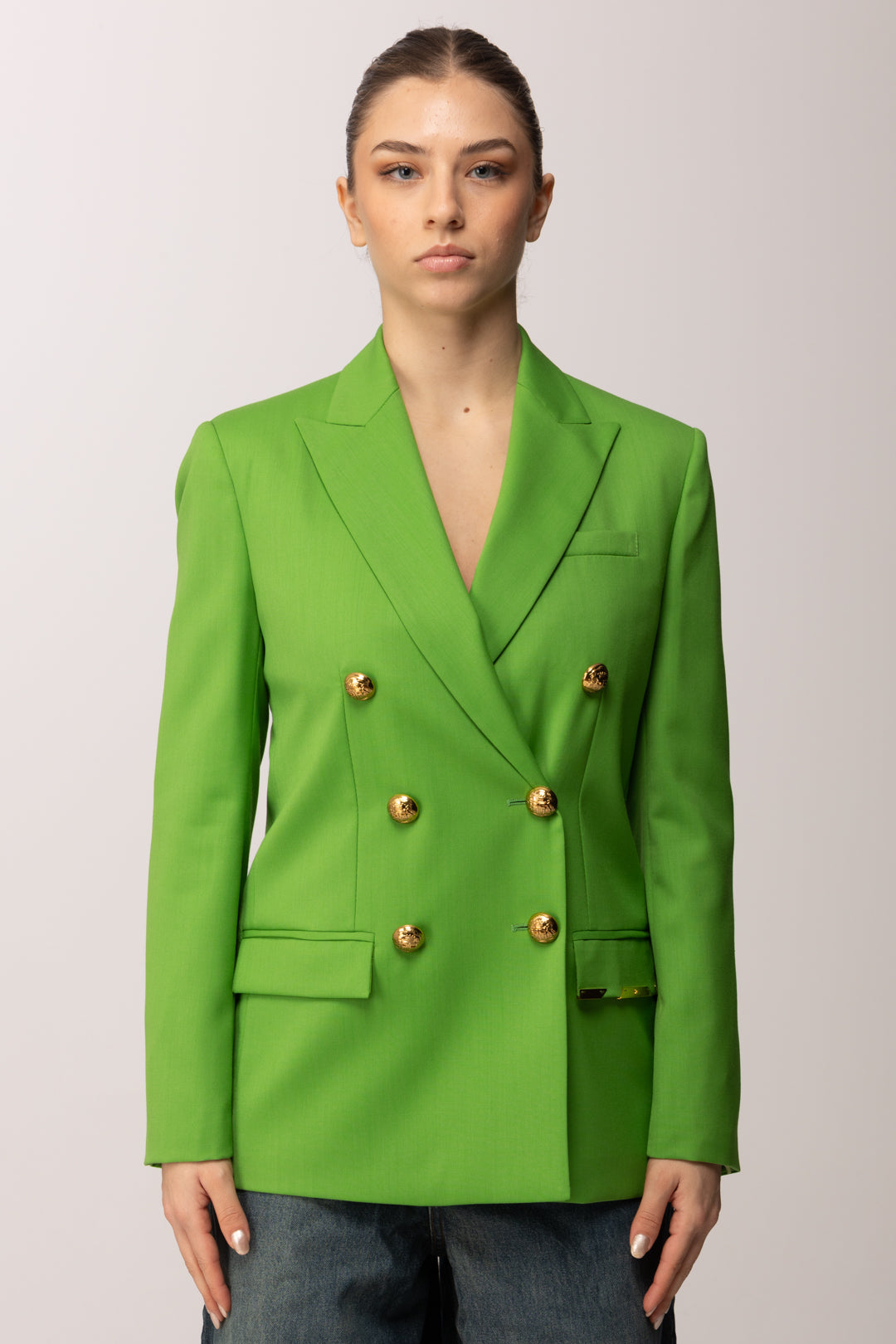 Elisabetta Franchi Giacca Doppiopetto In Fresco Lana con Placca Gioiello GI22061E2 ALOE