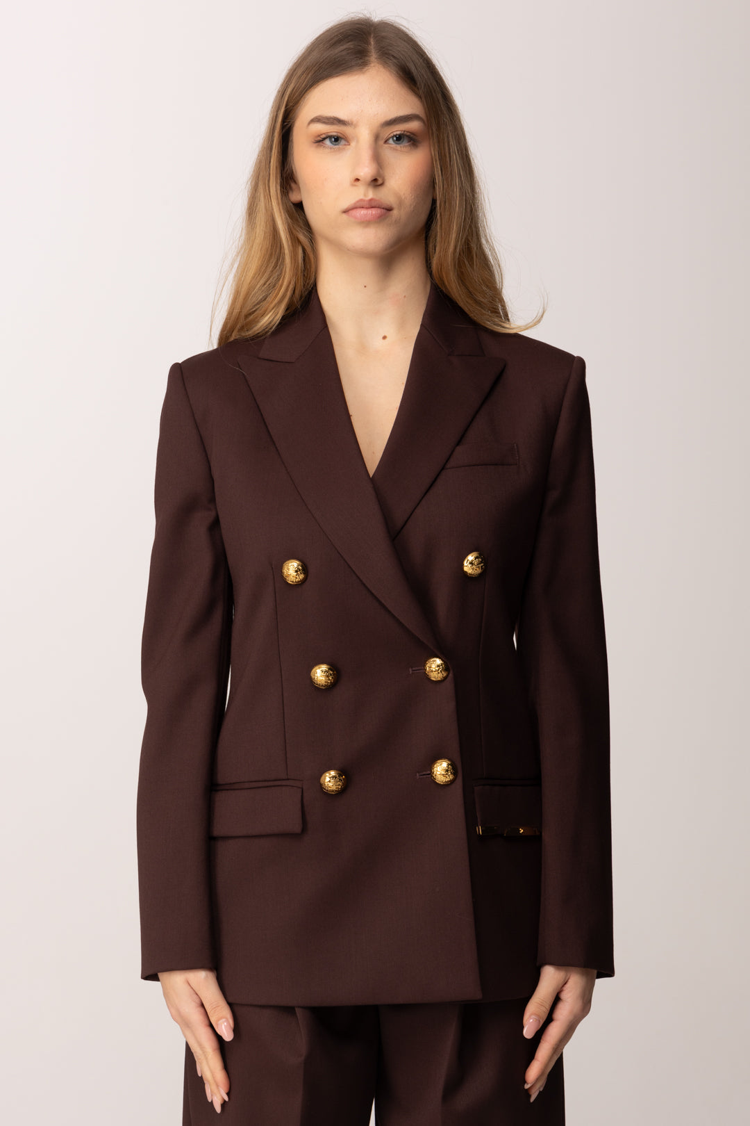 Elisabetta Franchi Giacca Doppiopetto In Fresco Lana con Placca Gioiello GI22061E2 CACAO