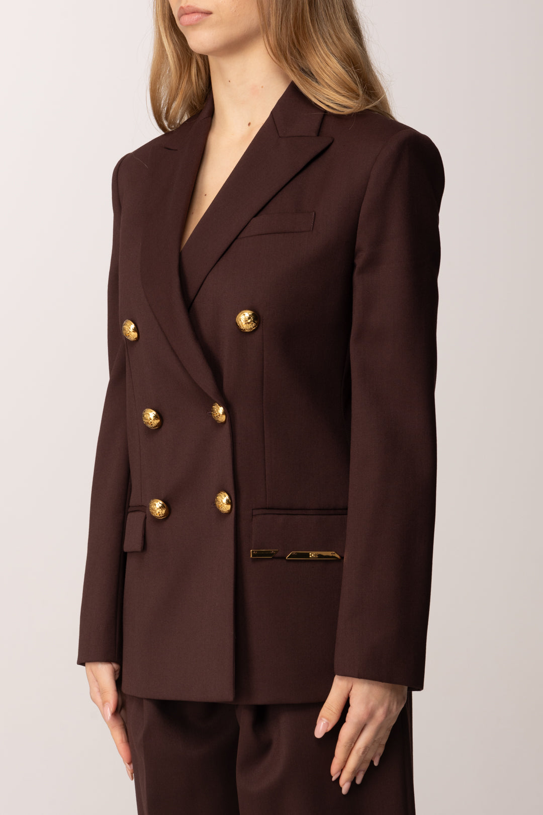 Elisabetta Franchi Giacca Doppiopetto In Fresco Lana con Placca Gioiello GI22061E2 CACAO