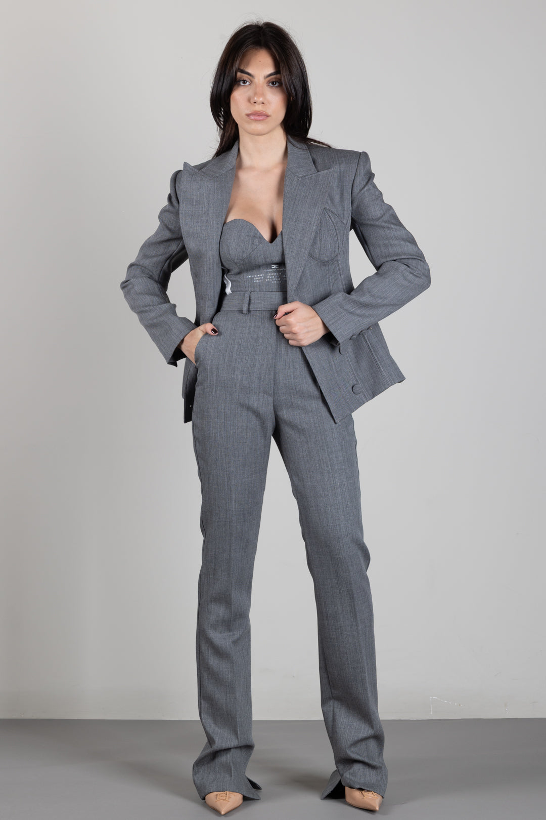 Elisabetta Franchi Giacca Doppiopetto In Lana con Volumi Scultorei GI29667E2 GRIGIO MELANGE