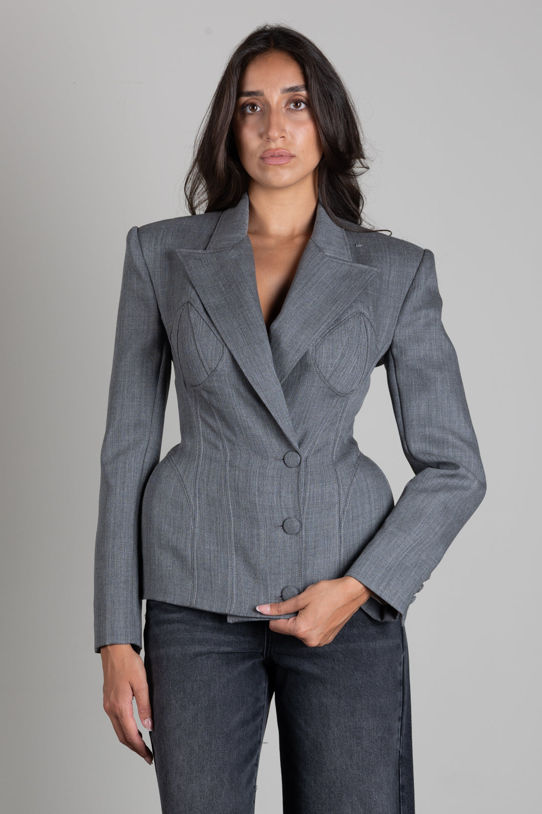 Elisabetta Franchi Giacca Doppiopetto In Lana con Volumi Scultorei GI29667E2 GRIGIO MELANGE
