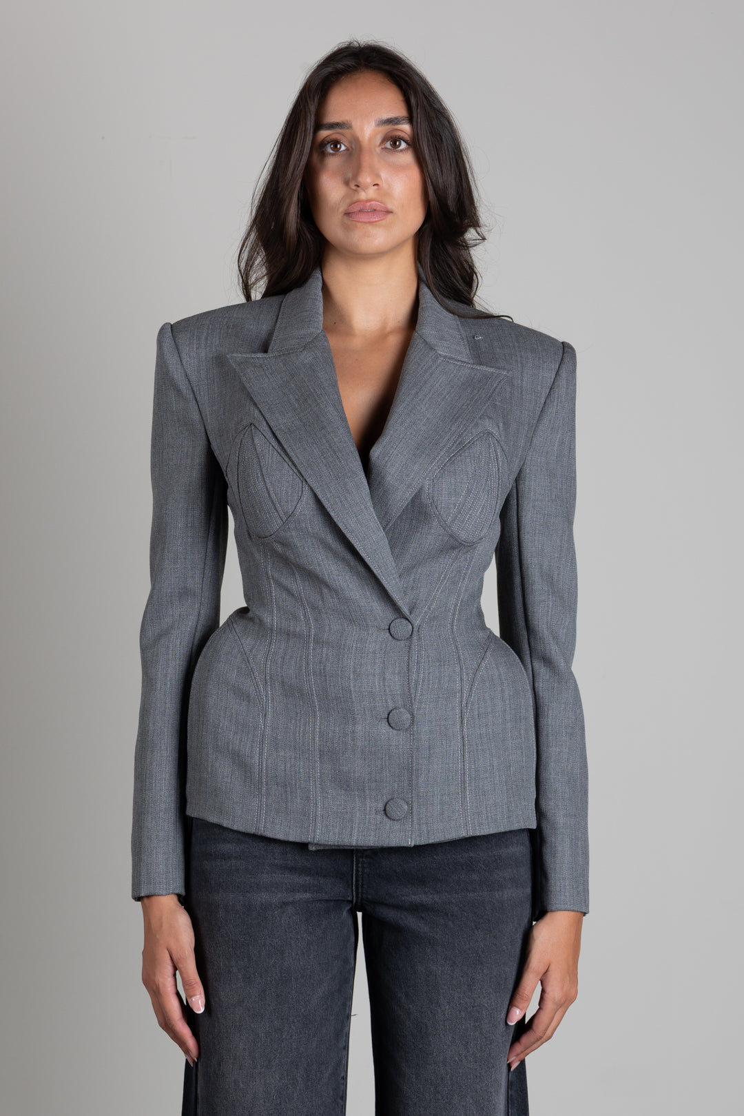 Elisabetta Franchi Giacca Doppiopetto In Lana con Volumi Scultorei GI29667E2 GRIGIO MELANGE