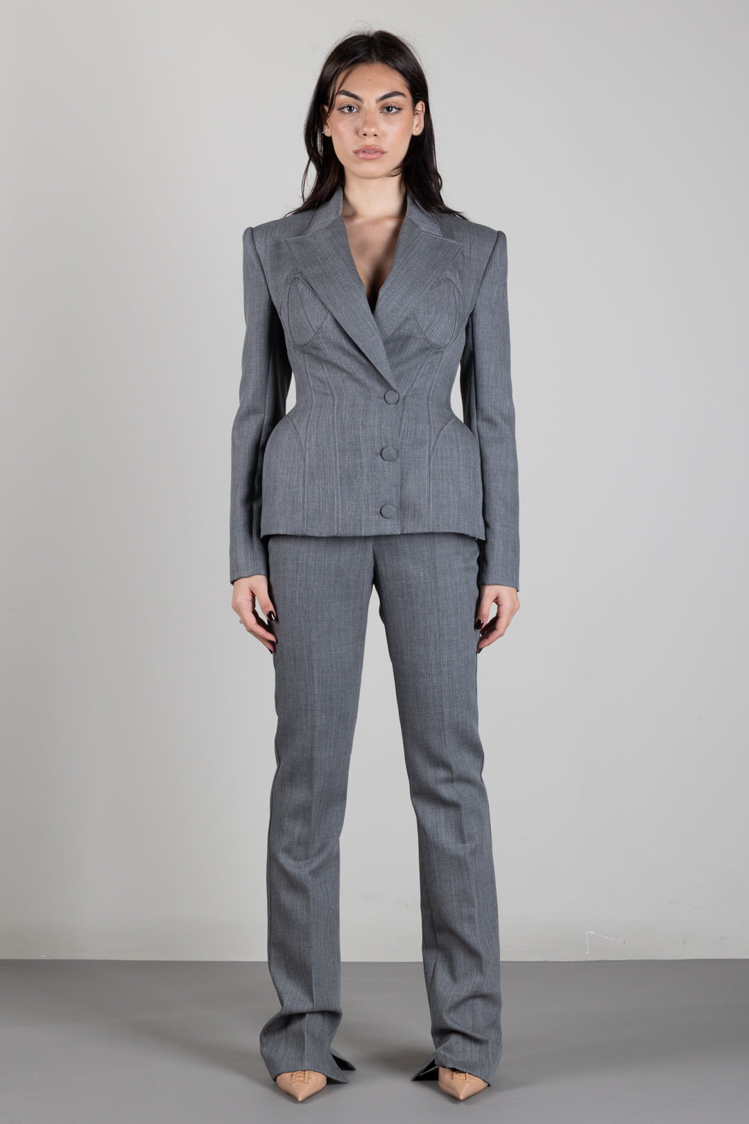 Elisabetta Franchi Giacca Doppiopetto In Lana con Volumi Scultorei GI29667E2 GRIGIO MELANGE