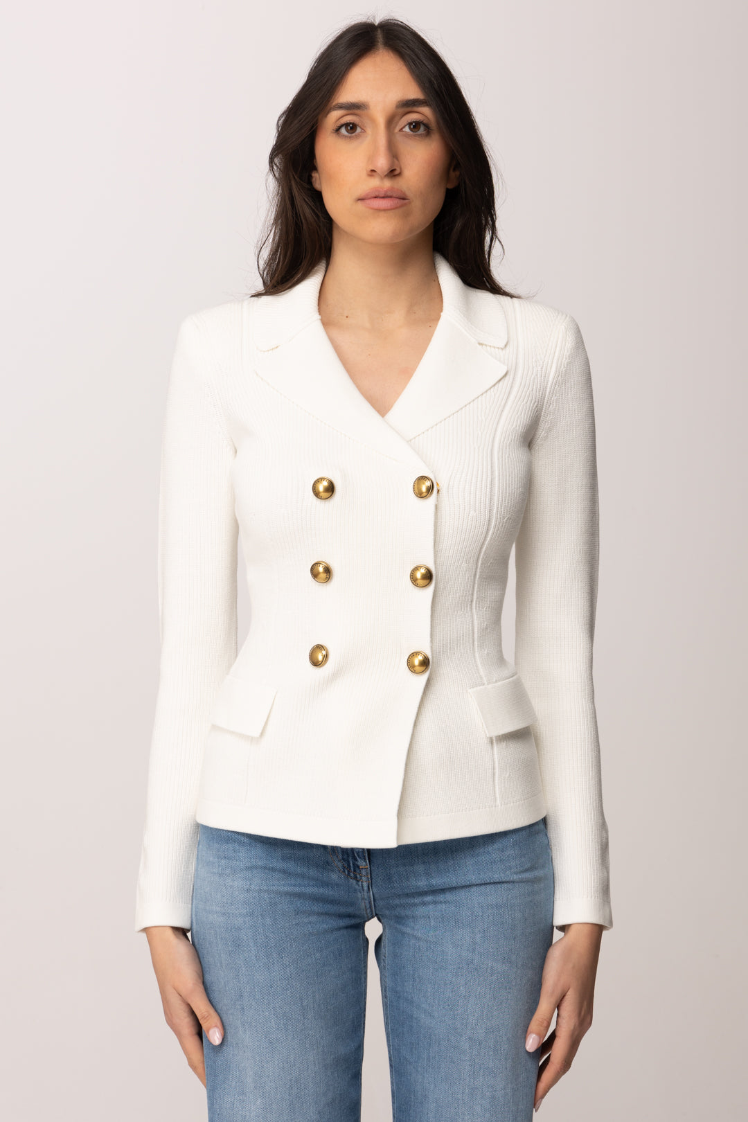 Elisabetta Franchi Giacca Doppiopetto In Maglia con Bottoni Gioiello MK82S61E2 AVORIO