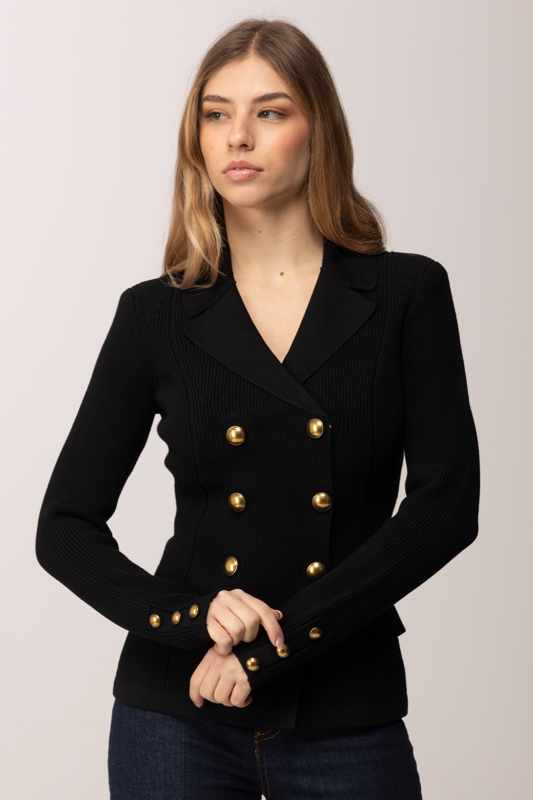 Elisabetta Franchi Giacca Doppiopetto In Maglia con Bottoni Gioiello MK82S61E2 NERO
