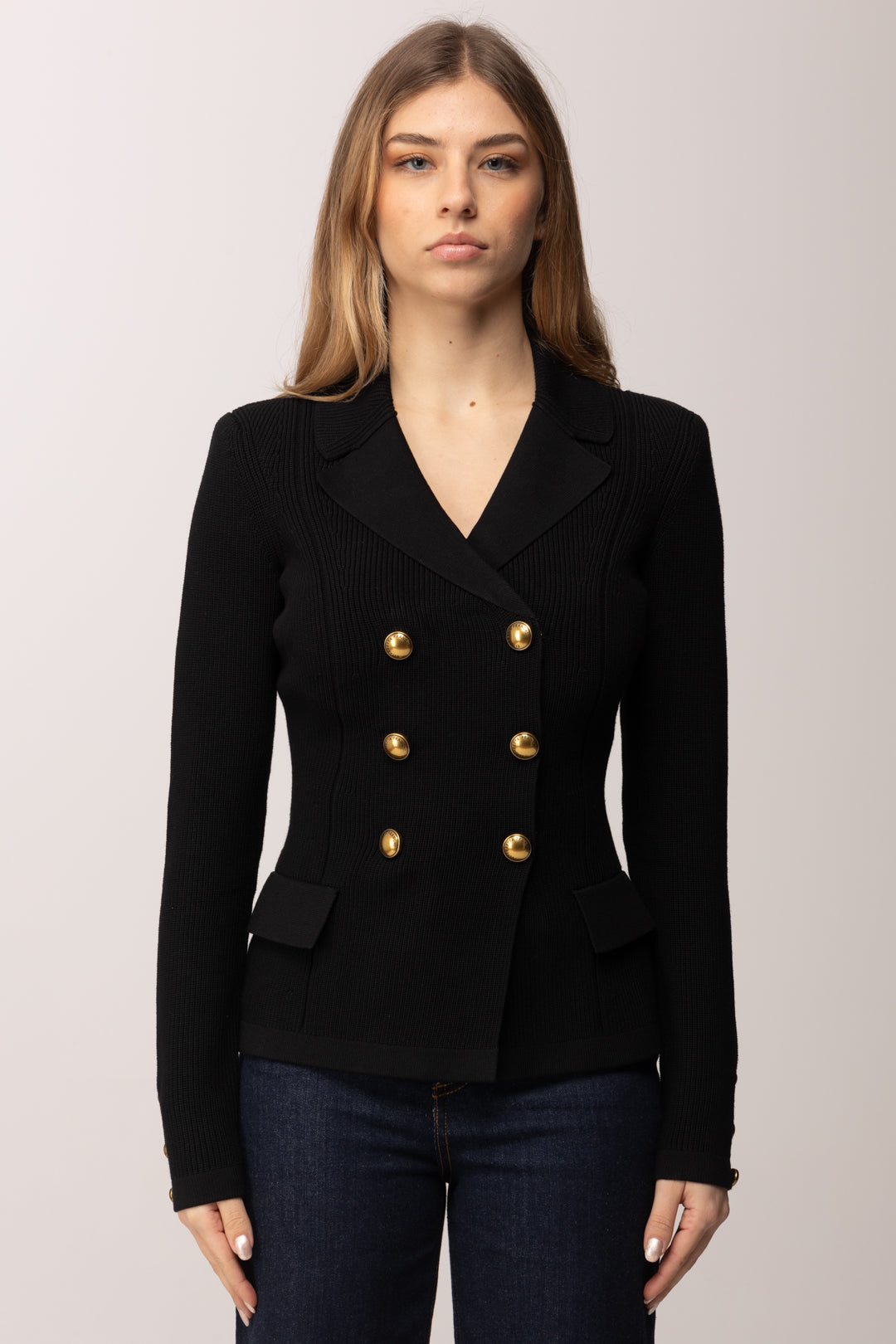 Elisabetta Franchi Giacca Doppiopetto In Maglia con Bottoni Gioiello MK82S61E2 NERO