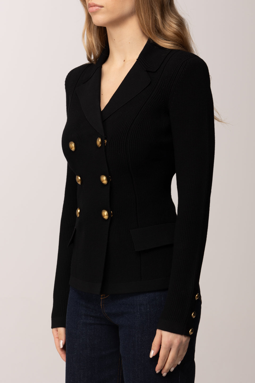 Elisabetta Franchi Giacca Doppiopetto In Maglia con Bottoni Gioiello MK82S61E2 NERO