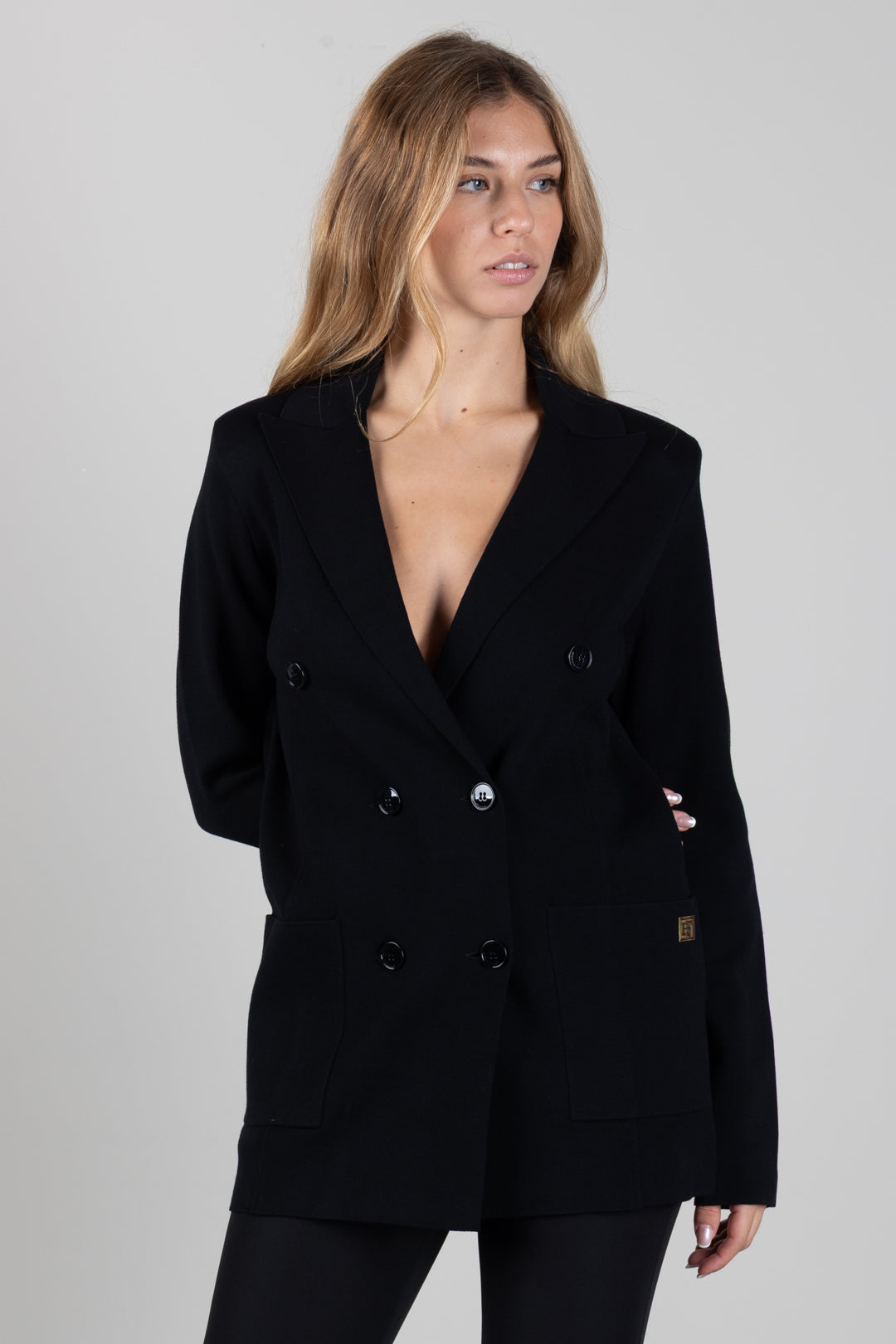 Elisabetta Franchi Giacca Doppiopetto In Maglia con Tasche Applicate MK26S66E2 NERO