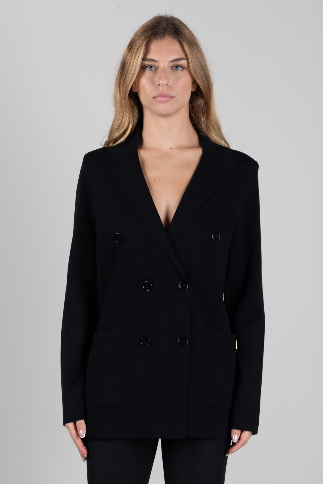 Elisabetta Franchi Giacca Doppiopetto In Maglia con Tasche Applicate MK26S66E2 NERO