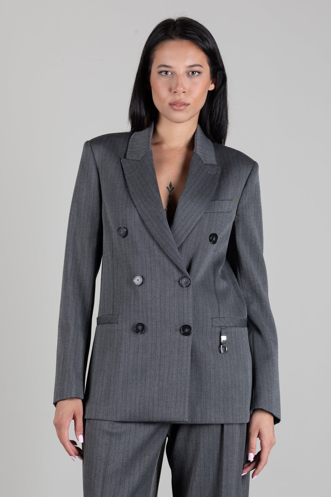 Patrizia Pepe Giacca Doppiopetto Oversize Gessata 8S0079 C0238 HERRINGBONE GRAY