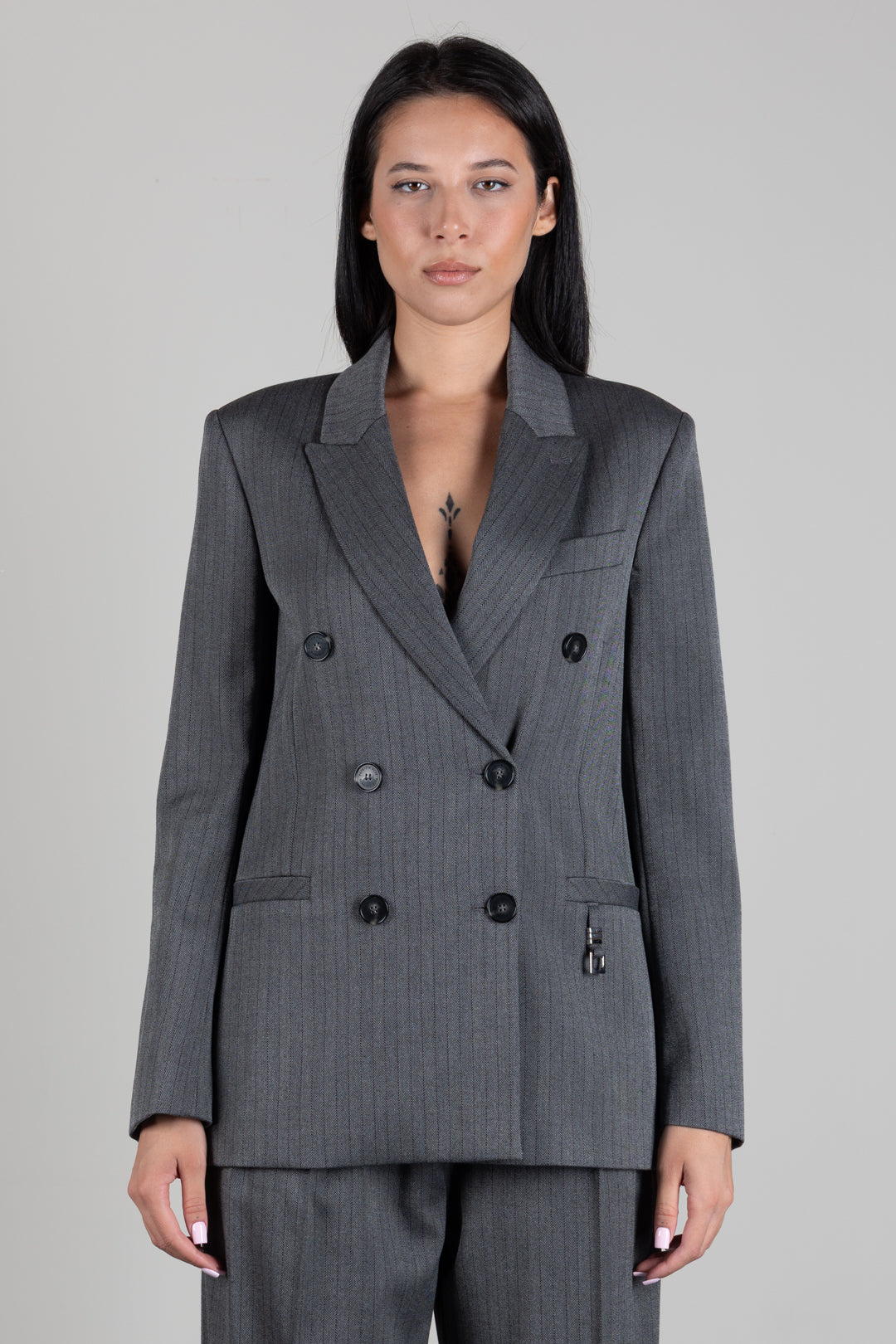 Patrizia Pepe Giacca Doppiopetto Oversize Gessata 8S0079 C0238 HERRINGBONE GRAY
