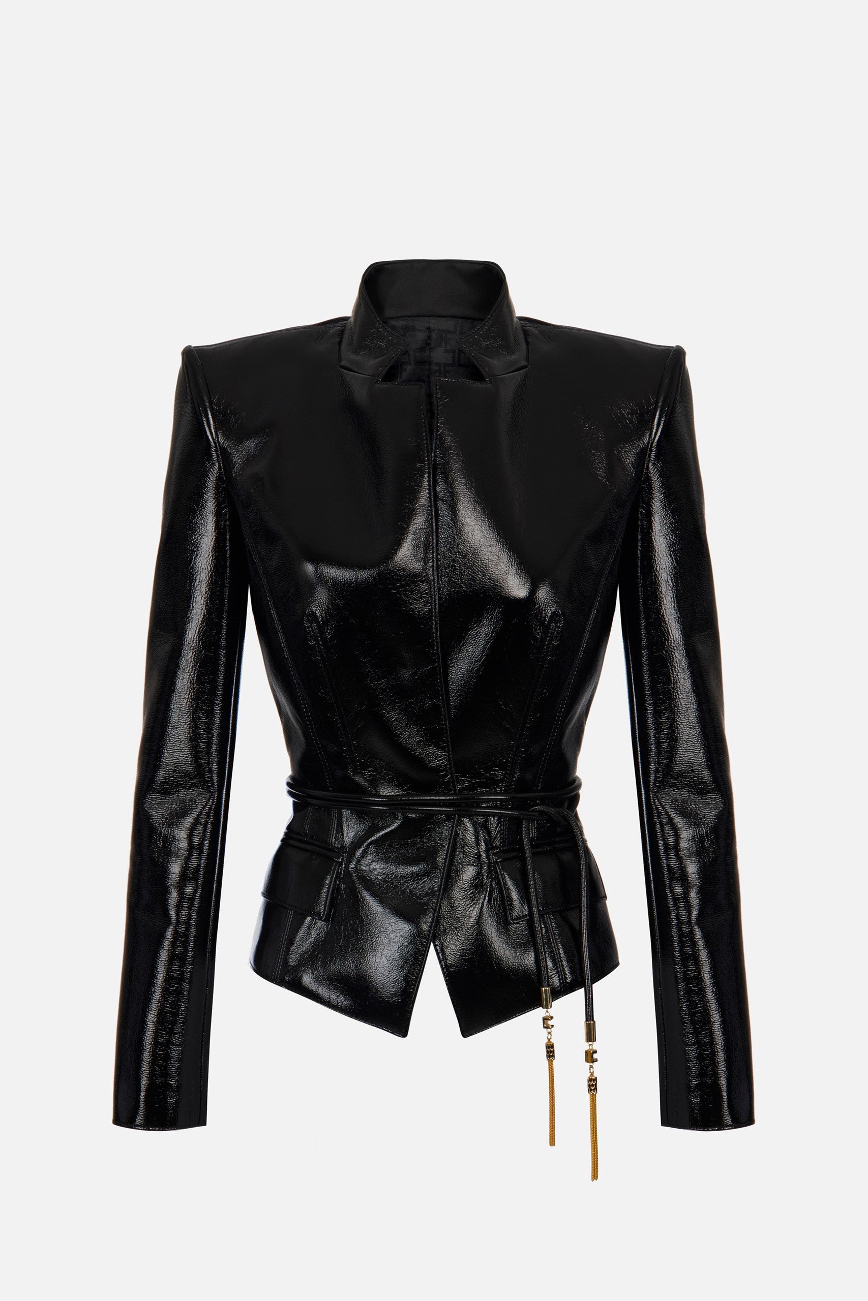 Elisabetta Franchi Giacca Effetto Pelle Lucida con Cintura Gioiello GI19358E2 NERO
