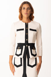 Elisabetta Franchi Giacca In Crepe con Baschina e Tasche GIT0156E2 MILK/NERO