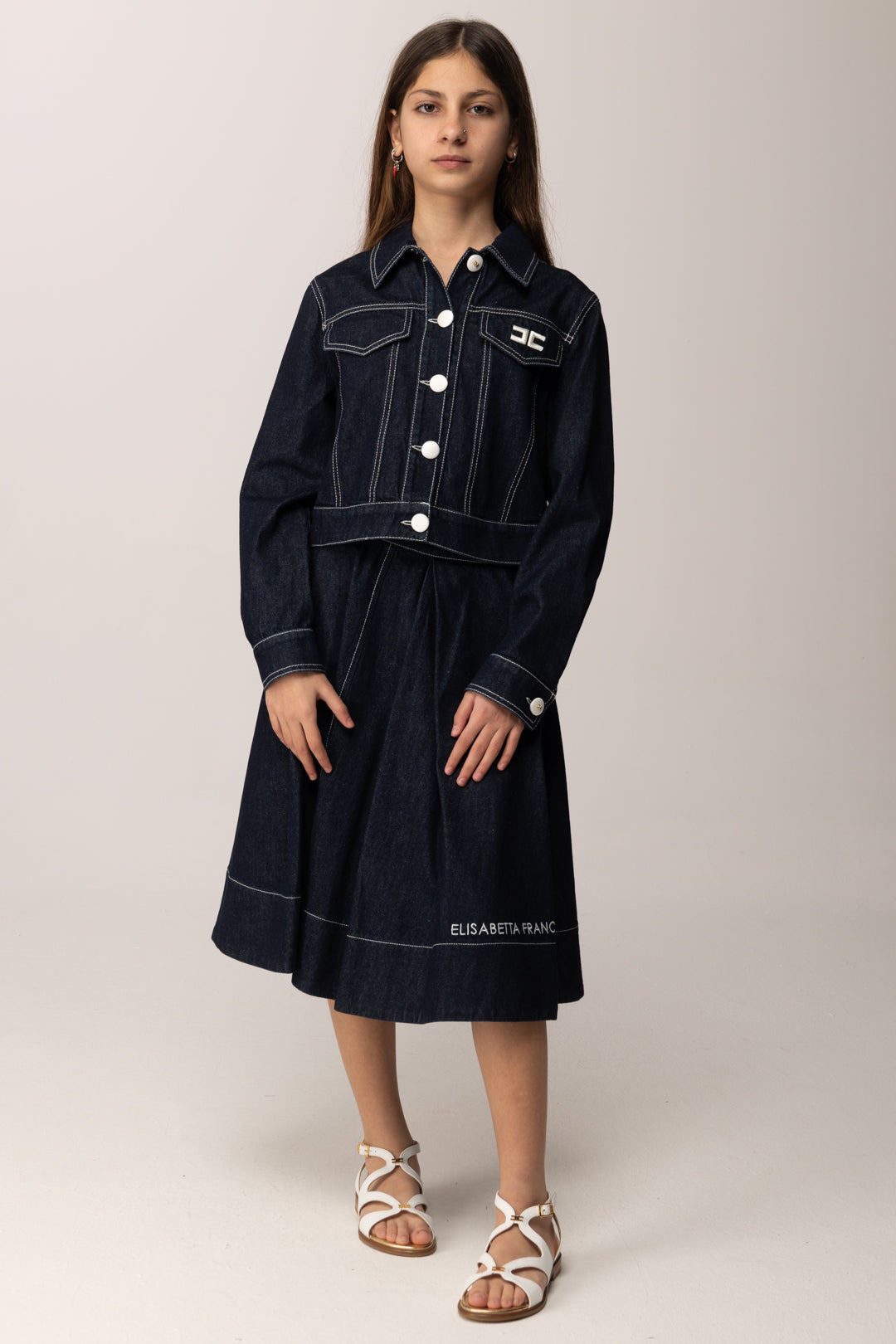 Elisabetta Franchi Bambina Giacca In Denim Scuro con Impunture EFGB1350DF011.4040