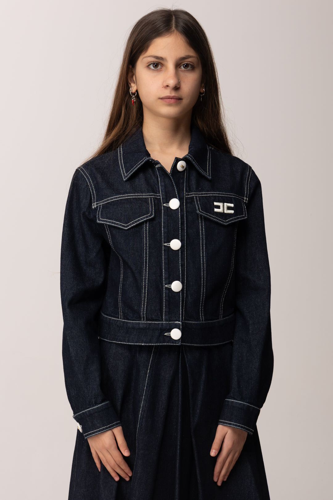 Elisabetta Franchi Bambina Giacca In Denim Scuro con Impunture EFGB1350DF011.4040