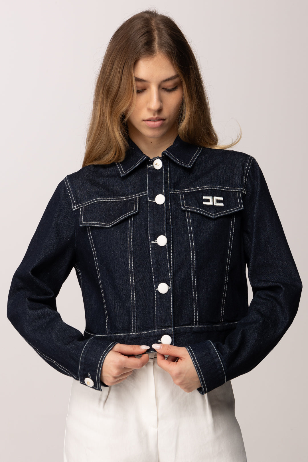 Elisabetta Franchi Bambina Giacca In Denim Scuro con Impunture EFGB1350DF011.4040