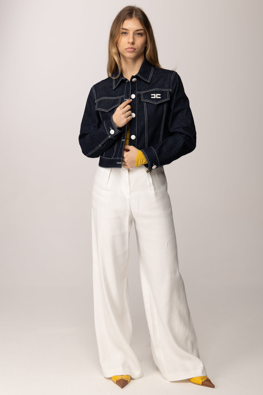 Elisabetta Franchi Bambina Giacca In Denim Scuro con Impunture EFGB1350DF011.4040