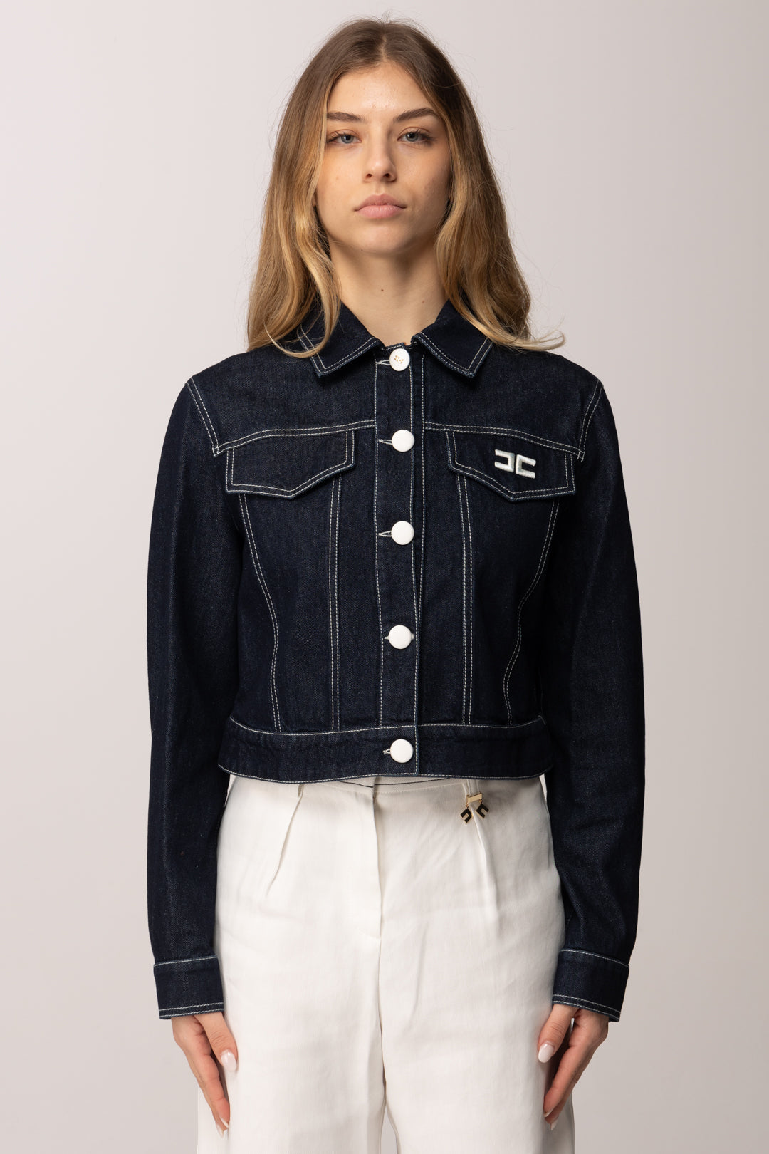 Elisabetta Franchi Bambina Giacca In Denim Scuro con Impunture EFGB1350DF011.4040