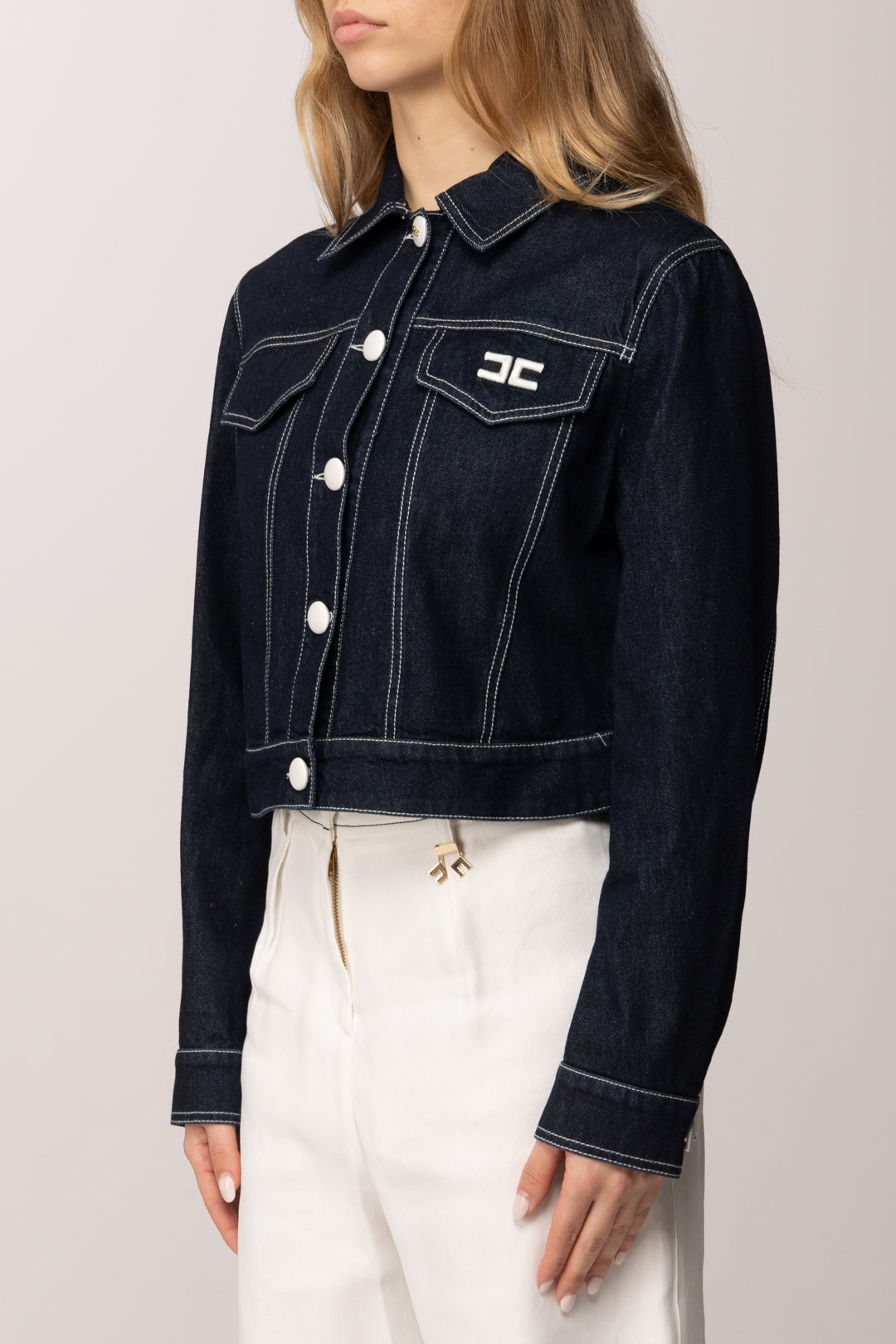 Elisabetta Franchi Bambina Giacca In Denim Scuro con Impunture EFGB1350DF011.4040