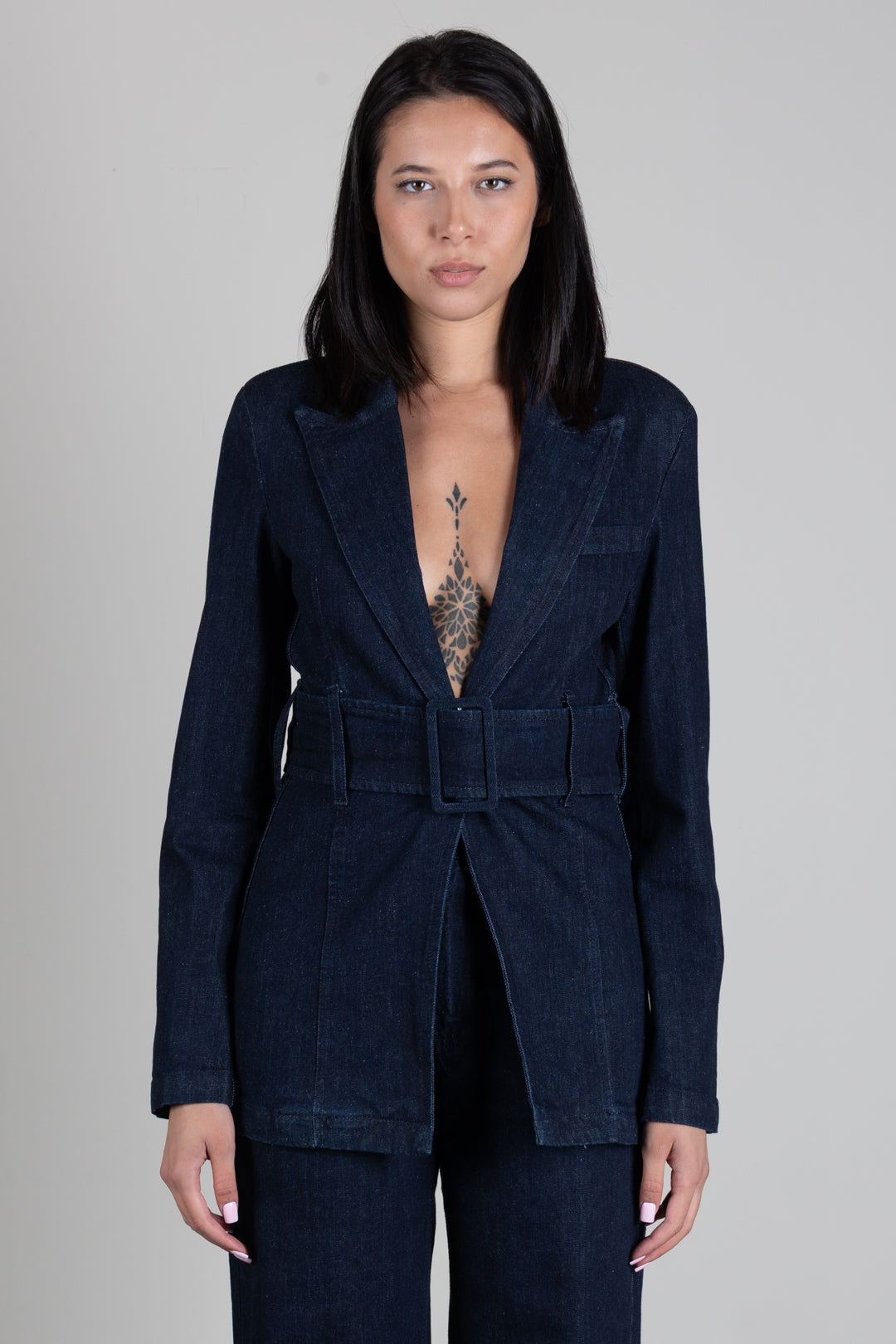 Patrizia Pepe Giacca In Denim Stretch con Cintura 8S0088 D113 BLUE RINSE WASH