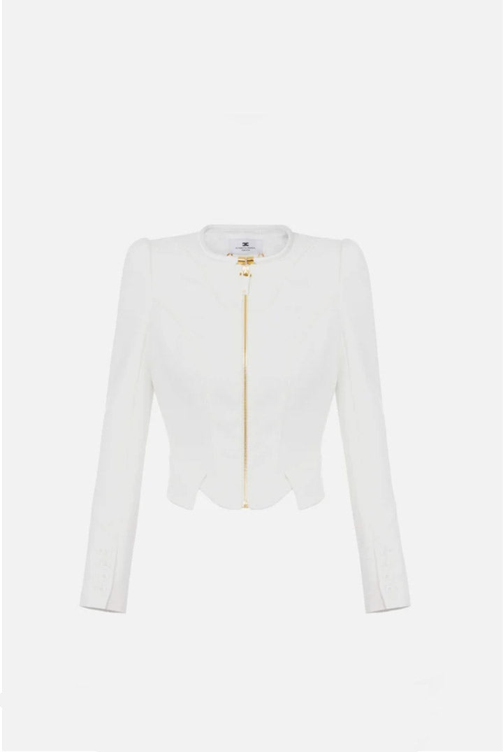 Elisabetta Franchi Giacca In Doppio Crêpe con Zip e Dettagli In Raso GI25167E2 AVORIO