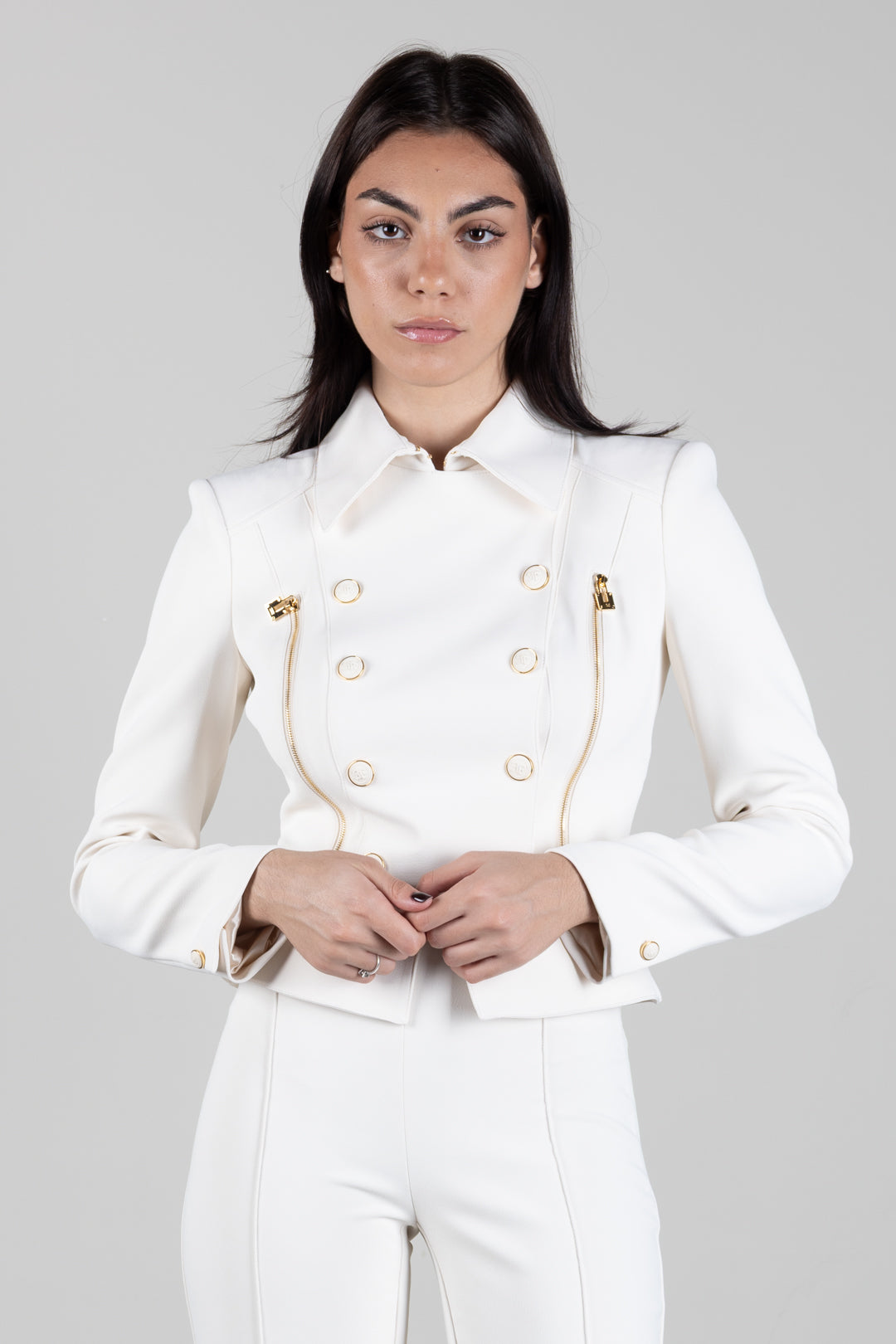 Elisabetta Franchi Giacca In Doppio Crêpe Stretch con Baschina GI26966E2 BURRO