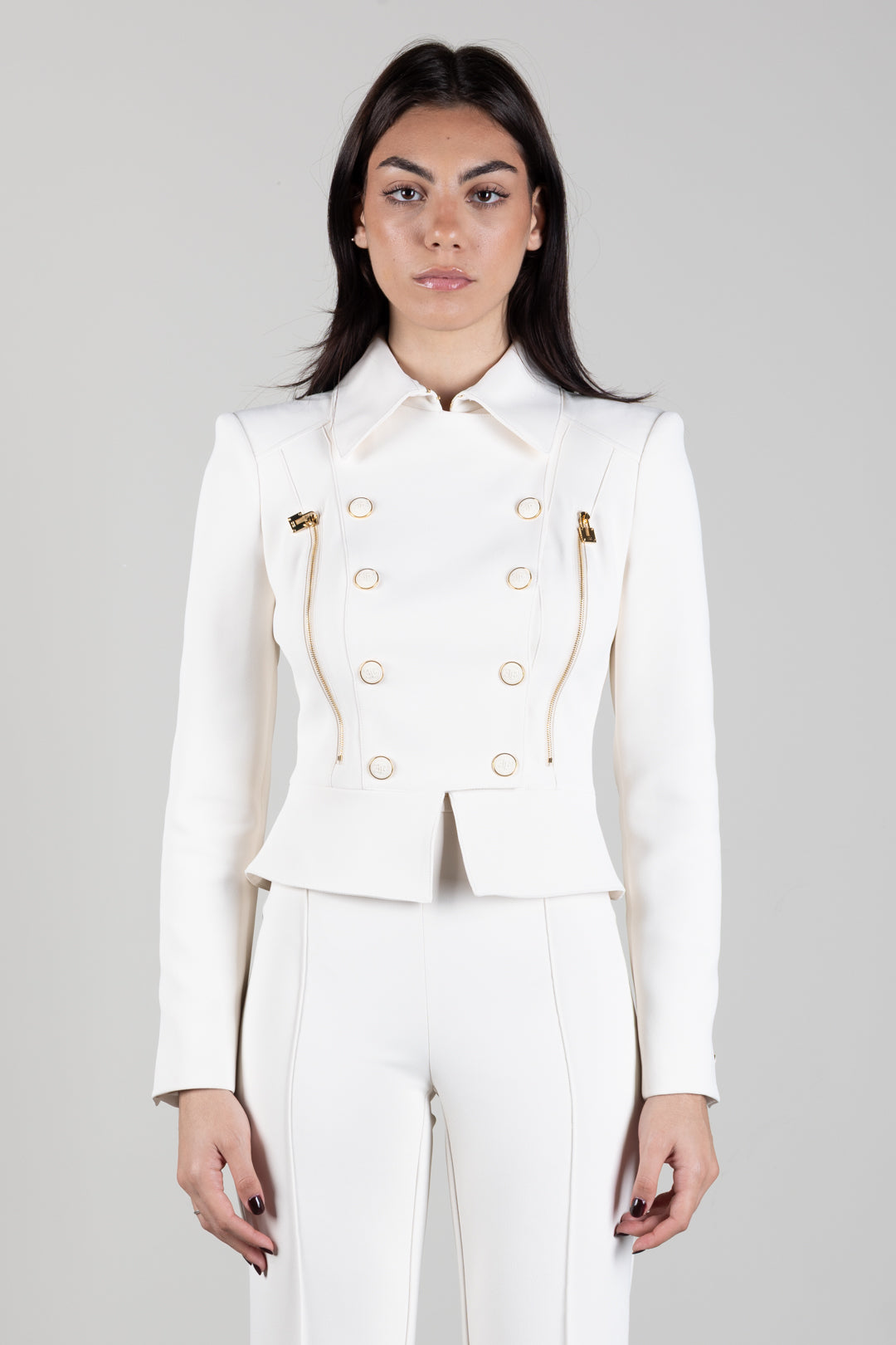 Elisabetta Franchi Giacca In Doppio Crêpe Stretch con Baschina GI26966E2 BURRO