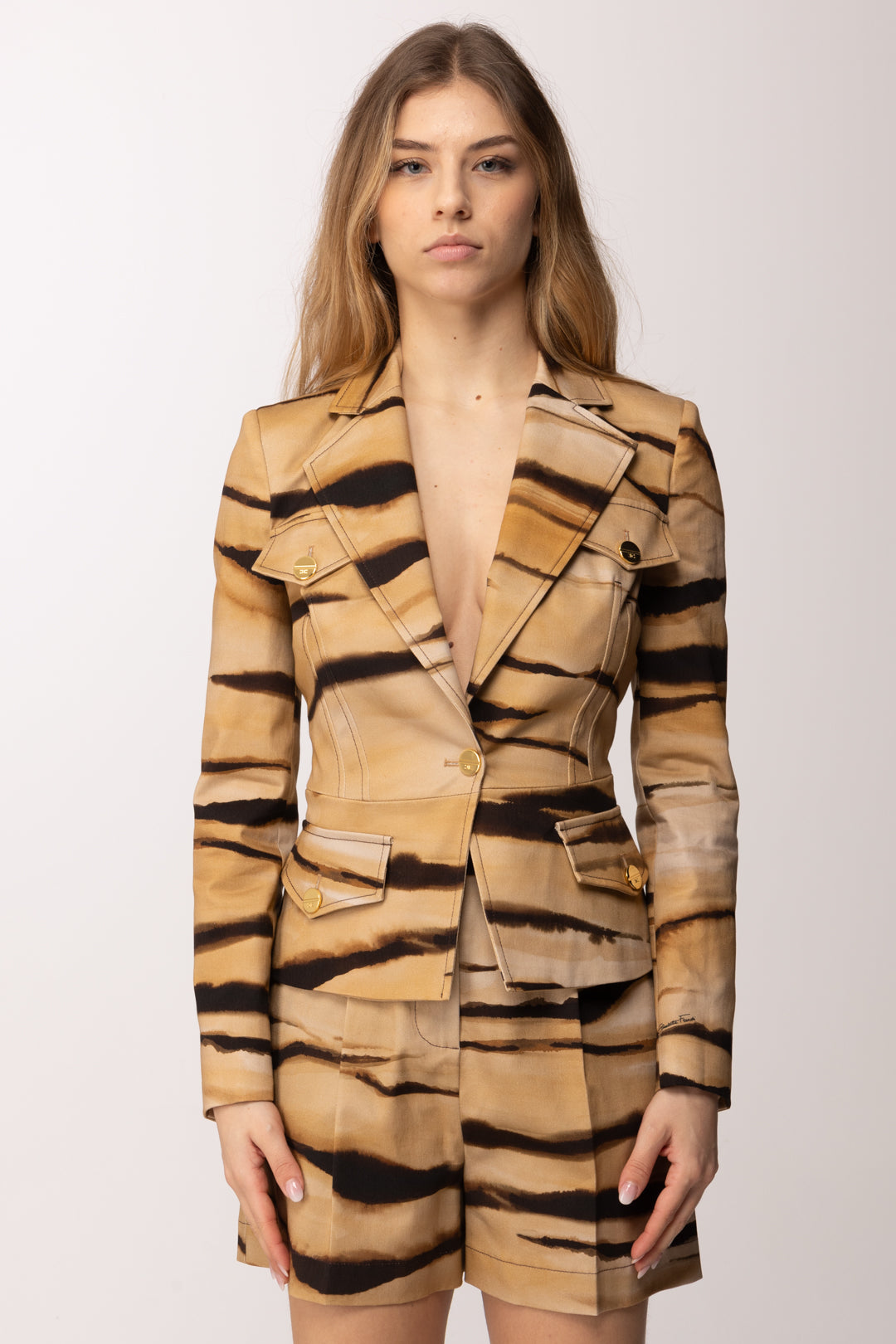 Elisabetta Franchi Giacca In Drill con Stampa Tigre GI23762E2 CAMMELLO