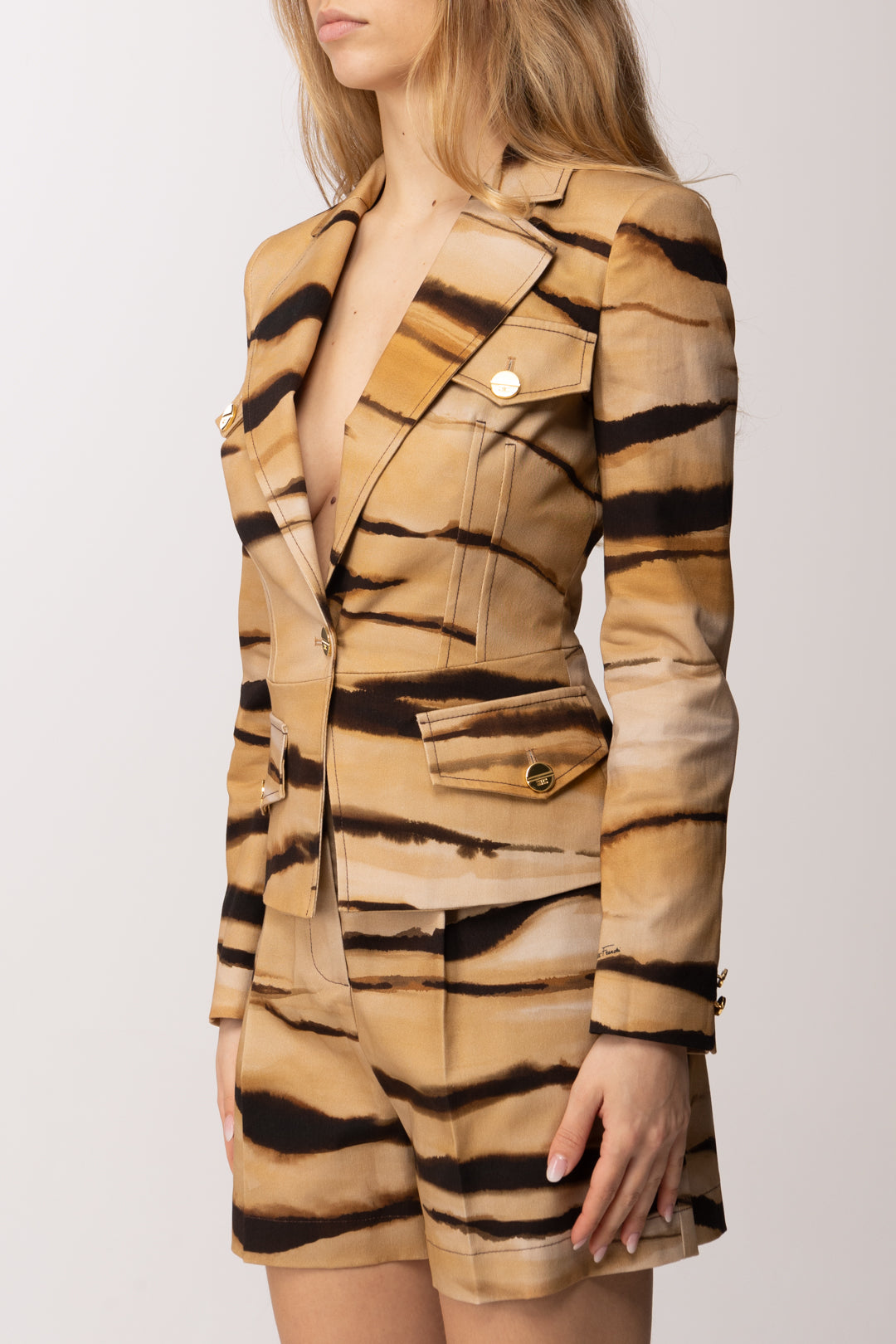 Elisabetta Franchi Giacca In Drill con Stampa Tigre GI23762E2 CAMMELLO