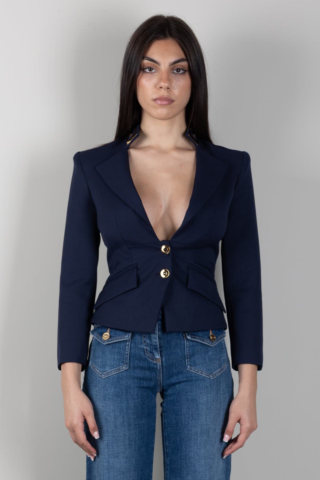 Elisabetta Franchi Giacca In Gabardina con Placca Dorata GI24966E2 NAVY