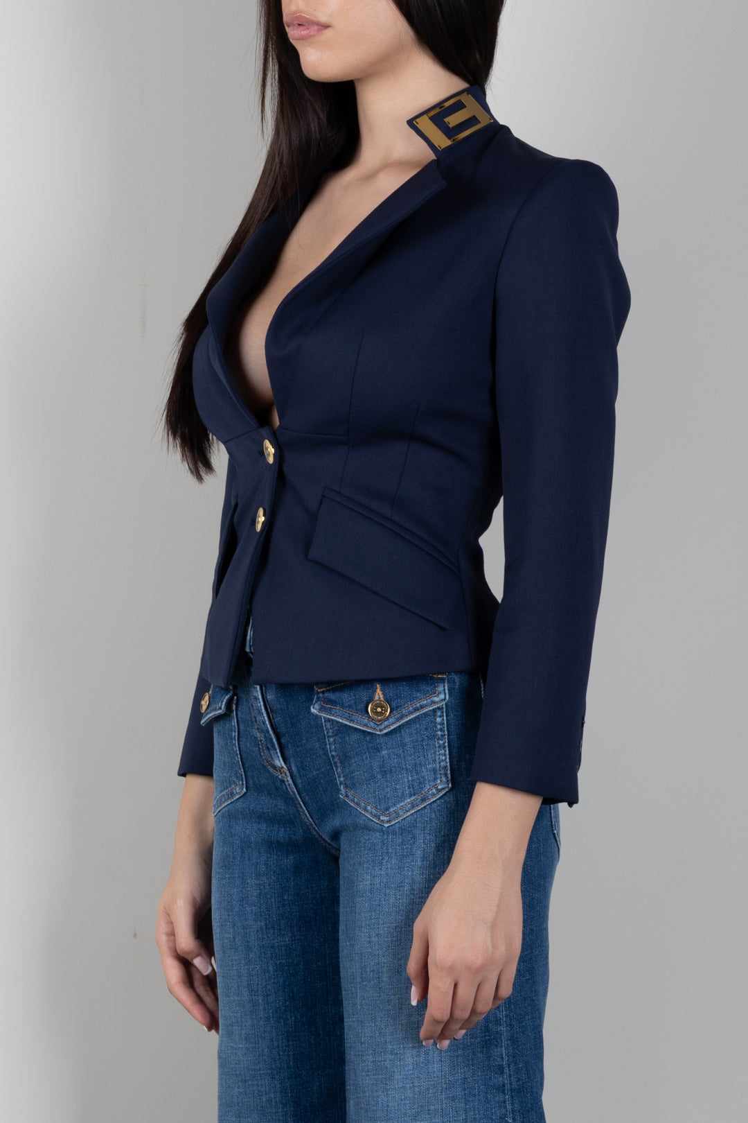 Elisabetta Franchi Giacca In Gabardina con Placca Dorata GI24966E2 NAVY
