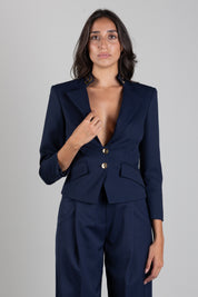 Elisabetta Franchi Giacca In Gabardina con Placca Dorata GI24966E2 NAVY